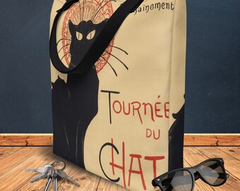 Le Chat Noir (Black Cat) French Vintage Illustration-Inspired LARGE Tote Bag (16"x20") Inside Pocket Unique Gift Travel Errands Bookbag