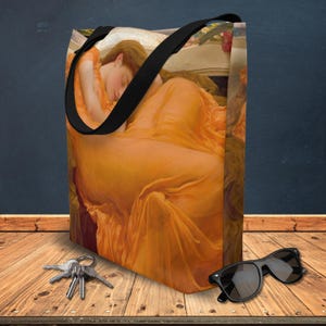 Flaming June - アートにインスパイアされたラージトートバッグ (16インチ x 20インチ) Frederic Leighton クラシック マキシマリスト 旅行 ショッピング 用事 ノートパソコン 通勤 アクセサリー