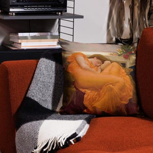Flaming June (Frederic Leighton) - Art-Inspired Throw Pillow (18x18 in) Unique Maximalist Accent Decor Orange Coastal Female Figure Orange