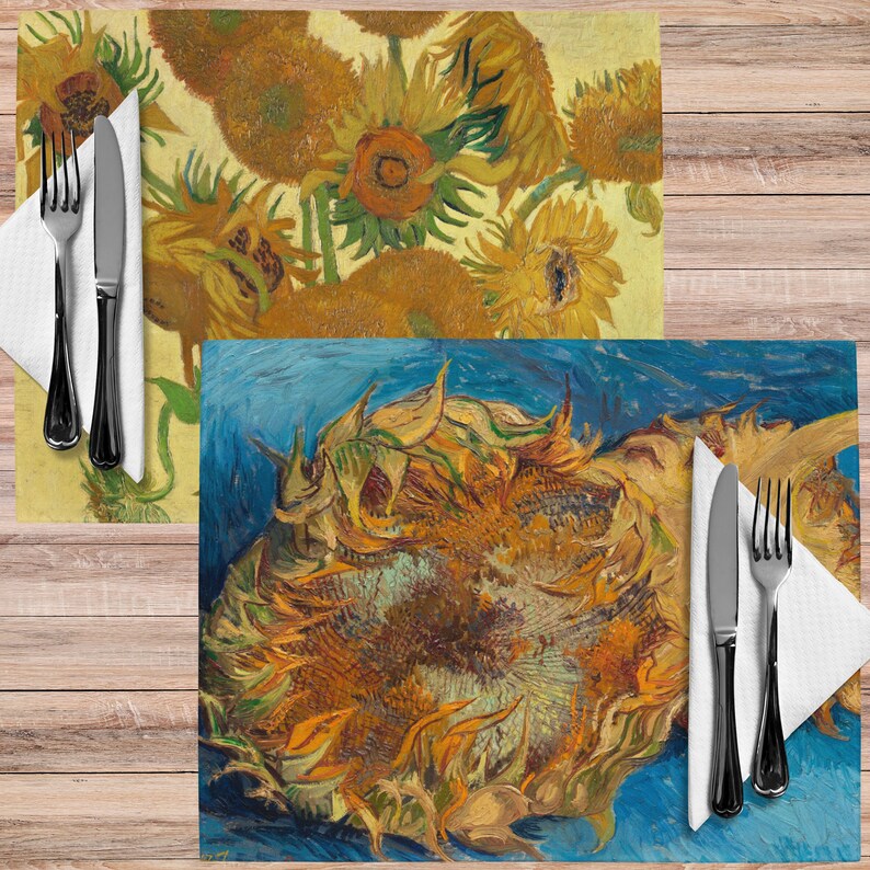 This stunning set of 4 placemats feature the infamous Sunflower paintings by Vincent Van Gogh. The most famous mostly yellow painting, and two with blue backgrounds. The contrasting yellows and blues will brighten up any table!