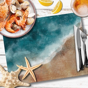 Coastal Vibes - Manteles individuales de tela inspirados en el arte (juego de 4, 45,7 x 35,5 cm) Mantelería playera con temática oceánica. Regalo único.