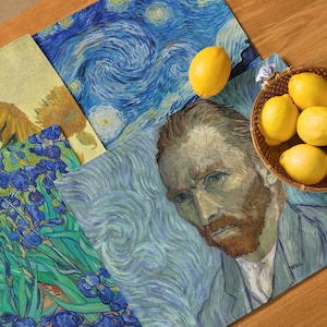 Vincent Van Gogh Art-Inspired Placemat Set of 4 - Self Portrait, Starry Night, Sunflowers, Irises - Unique Wedding Engagement Christmas Gift