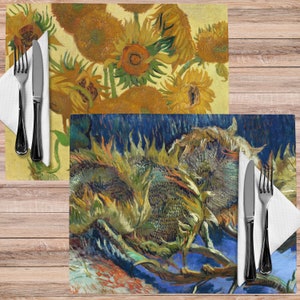 This stunning set of 4 placemats feature the infamous Sunflower paintings by Vincent Van Gogh. The most famous mostly yellow painting, and two with blue backgrounds. The contrasting yellows and blues will brighten up any table!