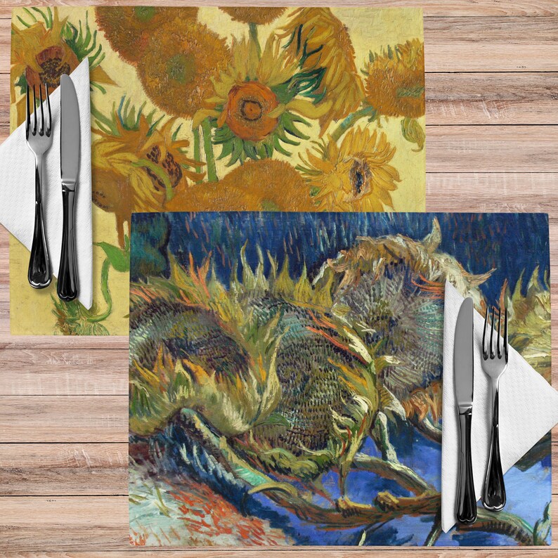 This stunning set of 4 placemats feature the infamous Sunflower paintings by Vincent Van Gogh. The most famous mostly yellow painting, and two with blue backgrounds. The contrasting yellows and blues will brighten up any table!