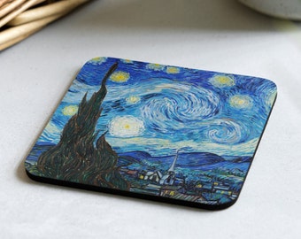 May include: A square coaster featuring a reproduction of Vincent van Gogh's famous painting "The Starry Night". The coaster depicts a swirling night sky with a bright yellow moon and stars, a dark green cypress tree, and a small village in the distance.
