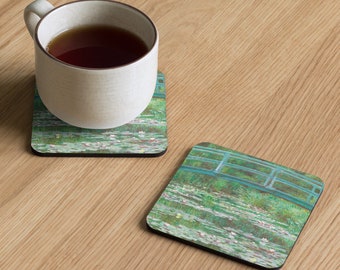 Monet - Water Lilies & Japanese Footbridge - Art-Inspired Cork Coaster (4"x4") Office Desk Coffee Table Decor Cottagecore