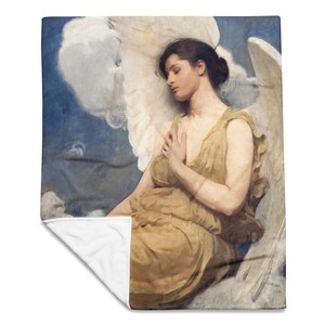 May include: A throw blanket depicting a classical painting of a woman with angel wings. The woman is dressed in a flowing, golden-yellow gown. The background is a blend of blue and white, with clouds and a soft, ethereal glow.