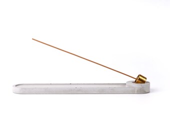 Concrete incense stick holder with brass (long & round) - grey