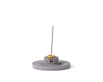 Concrete incense stick holder with brass (disc) - dark grey