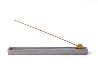 Concrete incense stick holder with brass (long rectangle) - dark grey