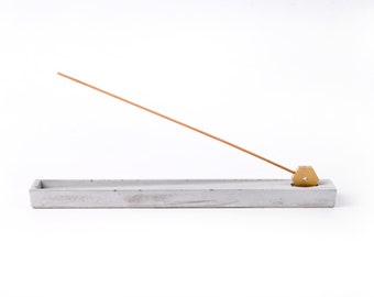 Concrete incense stick holder with brass (long rectangle) - grey