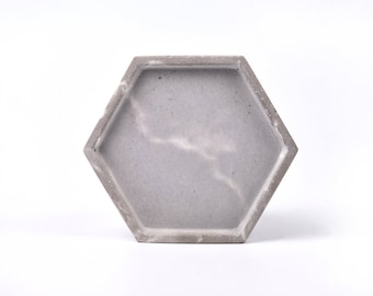 Grey marble patterned concrete tray / dish / coaster / accessory holder in Hexagon shape