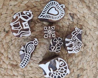 Animal Carved Printing Blocks: Floral Textile & Pottery Stamps, Set of 7