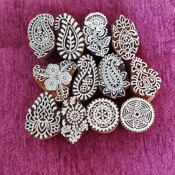 indian hand carved wooden stamp, pottery stamp textile stamp wood carved printing block fabric stamps set of 12