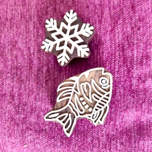 Hand Carved Wood Stamp: Fish & Snowflake Textile Block, Pottery Printing