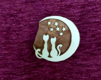Hand Carved Wooden Stamp: Kitten on Moon, Textile & Pottery Stamp