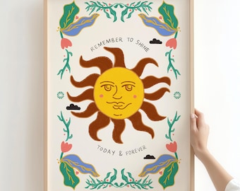 Impresión de sol retro: Arte mural floral bohemio (descarga digital)