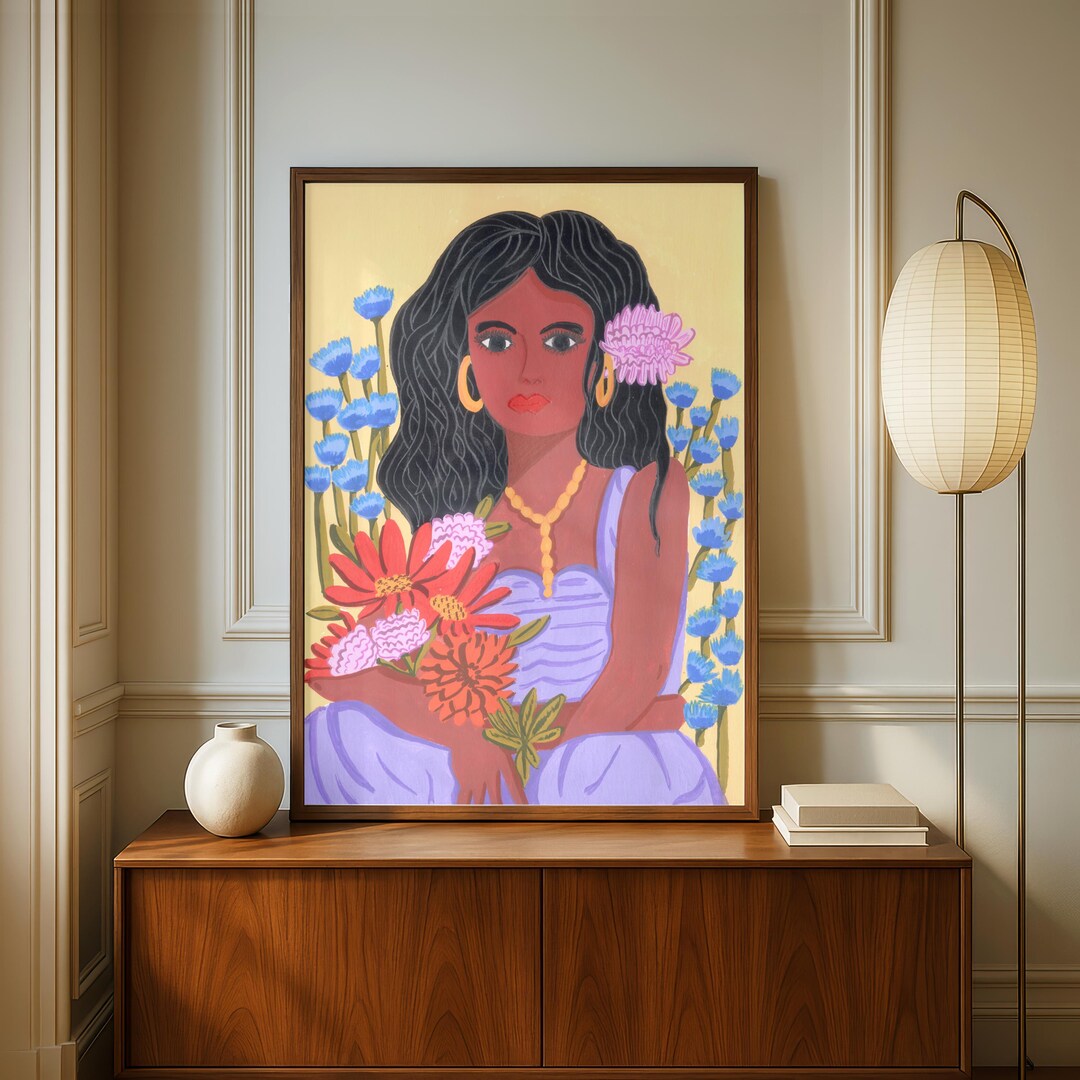 Floral Woman Portrait Printable Wall Art, Botanical Folk Art Print ...