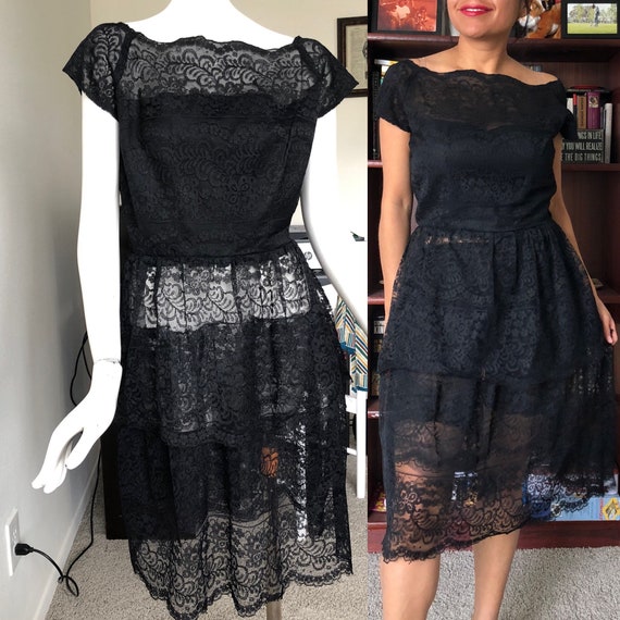 VINTAGE 1950s Black Lace dress- Very DIOR like!