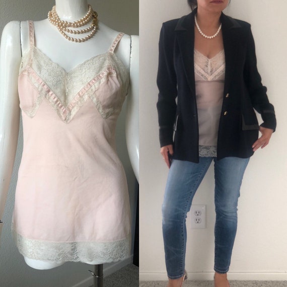 Vtg Vassarette Camisole Top lace blush pink Satin
