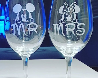 Mickey & Minnie~MR. MRS.~Disney Inspired~Sand Carved Wine Glass Set~Wedding~Gift~Bridal Shower~Anniversary Gift