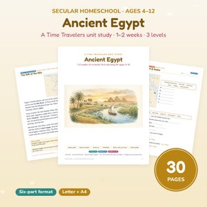 May include: A secular homeschool unit study titled Ancient Egypt for ages 4-12. The document features a central illustration of a sailboat on the Nile River with pyramids in the background, surrounded by educational text and worksheets.
