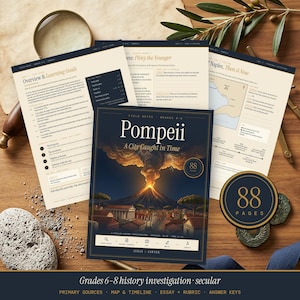 May include: A history curriculum workbook titled Pompeii: A City Caught in Time, featuring an illustration of a volcanic eruption over a city. The set includes multiple printed pages with text, maps, and learning goals for grades 6-8, totaling 88 pages.