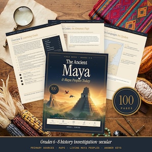 May include: A history curriculum set titled The Ancient Maya & Maya Peoples Today, featuring a central book with a pyramid illustration, multiple educational worksheets, a magnifying glass, dried corn, and a metal compass tool.