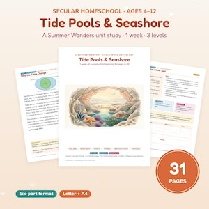 Op de afbeelding: Een 31-pagina tellend seculier thuisonderwijs lespakket getiteld Tide Pools & Seashore voor kinderen van 4-12 jaar. Het document bevat educatieve teksten, diagrammen over getijden en een illustratie van een kustgrot.