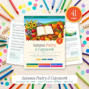 Könnte beinhalten: Ein gedrucktes Lernheft mit dem Titel Autumn Poetry & Copywork, das eine Illustration eines offenen Buches, Kürbisse, Sonnenblumen und einen Kardinal zeigt. Der Einband enthält Text über 41 Seiten und sechs klassische Herbstgedichte.