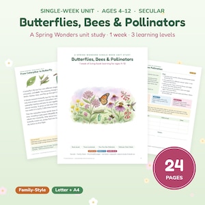 Könnte beinhalten: Eine 24-seitige Lerneinheit mit dem Titel Butterflies, Bees & Pollinators für Kinder von 4 bis 12 Jahren. Das druckbare Lehrmaterial enthält Seiten zum Lebenszyklus von Raupen, Bestäubungsexperimente und Naturstudien mit Insektenbildern.