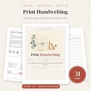 May include: A printable handwriting practice workbook featuring 31 pages of copywork. The cover displays the title Print Handwriting, a watercolor illustration of a tied notebook, a pencil, a crayon, and a eucalyptus branch.