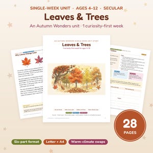 以下が含まれることがあります： 4歳から12歳向けの「Leaves & Trees」と題された28ページの教育用ユニット学習資料。オレンジ、黄色、茶色の木々が描かれた秋の森のイラストと、光合成や葉の色の変化に関する説明テキストが記載されています。
