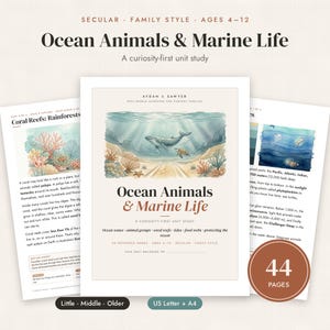 May include: A 44-page educational unit study titled Ocean Animals & Marine Life, featuring a watercolor illustration of a whale and sea turtle. The document includes text about coral reefs, ocean zones, and marine biology for ages 4-12.