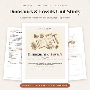 May include: A Dinosaurs & Fossils unit study educational document featuring an open book, a hammer, a brush, a magnifying glass, and various fossil illustrations. The cover text reads Dinosaurs & Fossils Unit Study, Aydan & Sawyer.