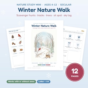 Könnte beinhalten: Ein Winter Nature Walk Studienführer für Kinder von 4-12 Jahren, bestehend aus drei druckbaren Seiten mit Schnitzeljagd-Listen, Tierspuren-Bestimmung und einer zentralen Illustration eines verschneiten Waldwegs mit Vogel.