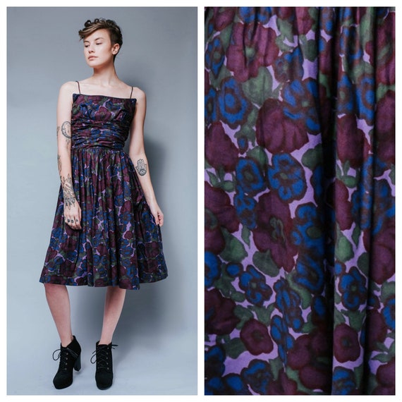 1950s purple floral fit and flare cotton dress