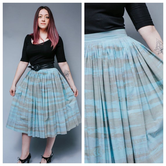 1950s cotton blue aqua print full skirt