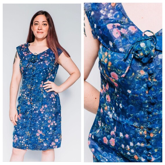 1960s blue floral nylon dress