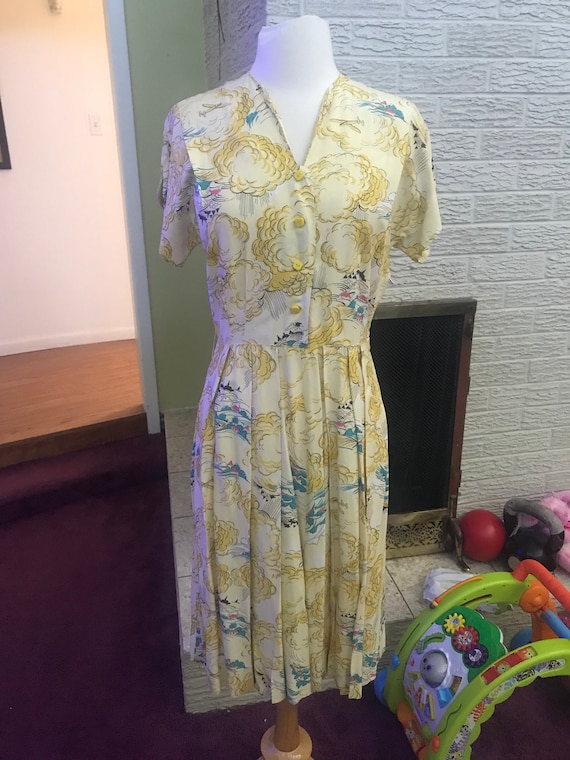 1940s rayon novelty print airplanes dress