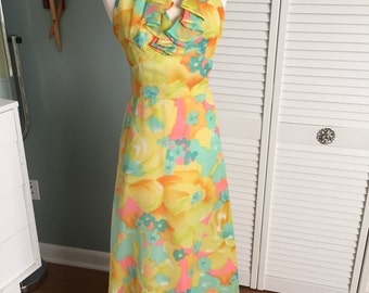 1960s floral halter maxi dress