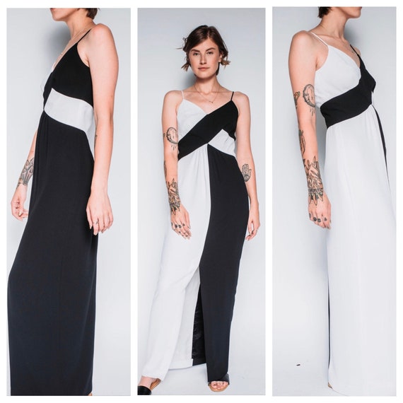 1990s black and white colorblock formal dress
