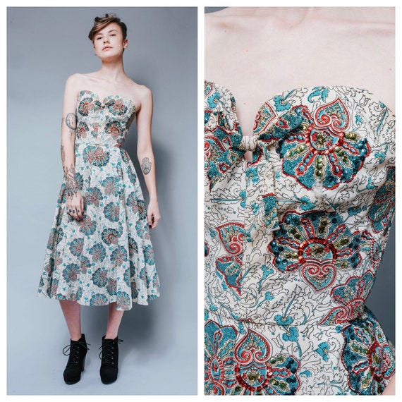 1950s paisley sequined full circle skirt dress