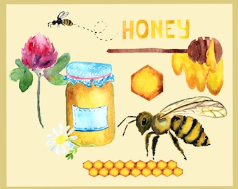 Waterclor Honey and Bee Clip Art