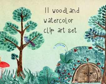 11 Watercolor Woodland Clip Art Set + Grass Border Bonus