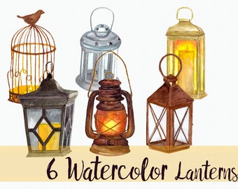 6 Hand-painted Watercolor Lanterns  - Clip Art Set