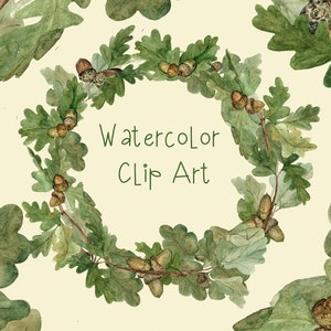 Watercolor Oak Clip Art + Wreath