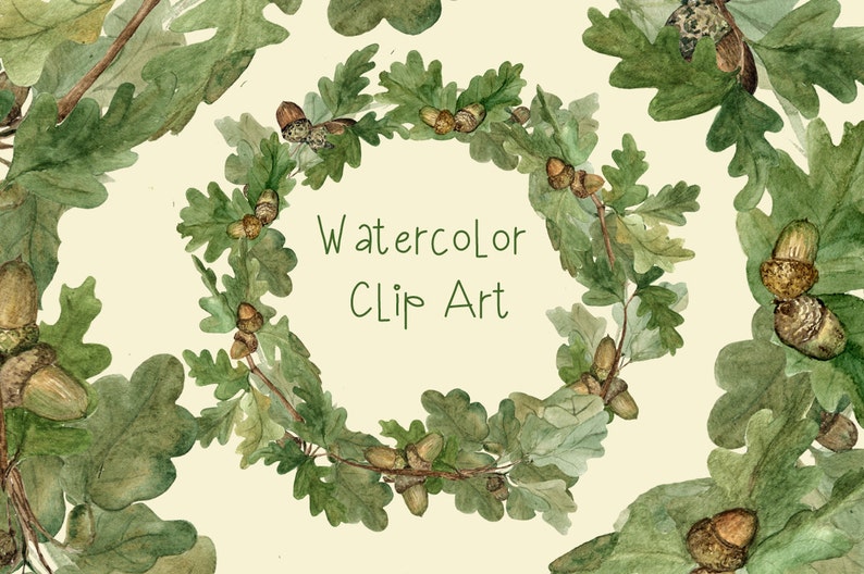 Watercolor Oak Clip Art Wreath image 1