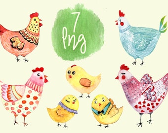 7 Watercolor Hen Clip Art