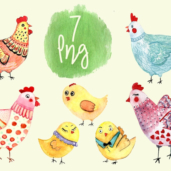 7 Watercolor Hen Clip Art